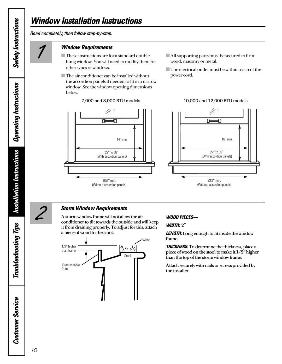 GE AG_12  12 Storm Window Requirements, Window Installation Instructions, CustomerService, WOOD PIECES- WIDTH 2″ 