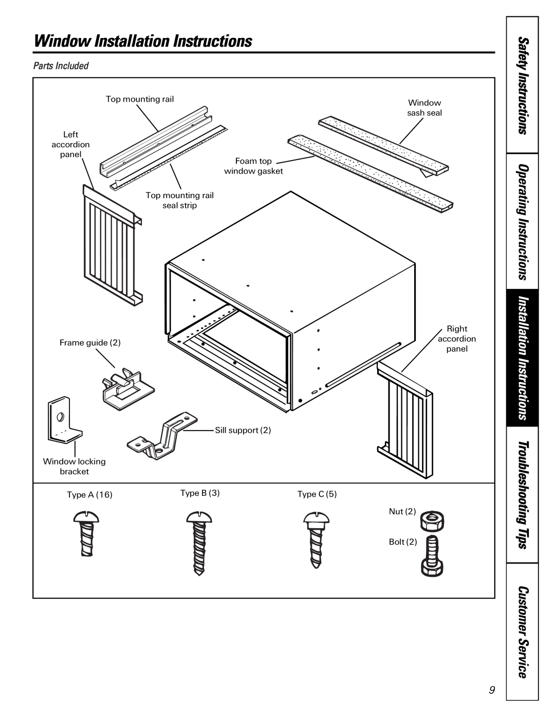 GE 000 BTU models, AG_12  12, AG_08  8, AG_10  10 Window Installation Instructions, Customer Service, Parts Included 