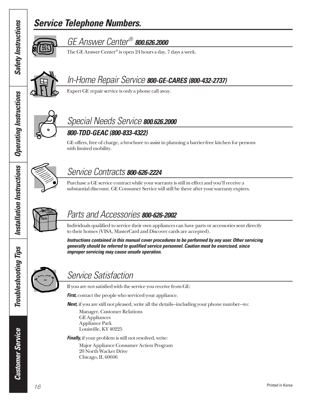 GE AG_18-18, AG_14-14, 000 BTU owner manual Service Telephone Numbers 