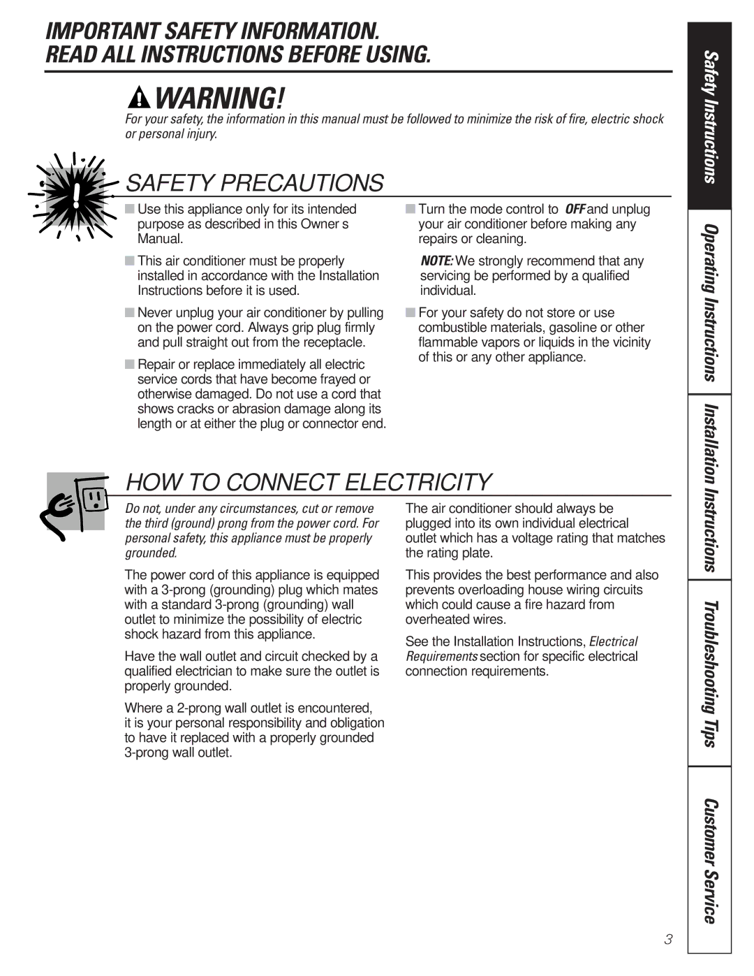 GE AG_14-14, AG_18-18, 000 BTU owner manual Safety Precautions 