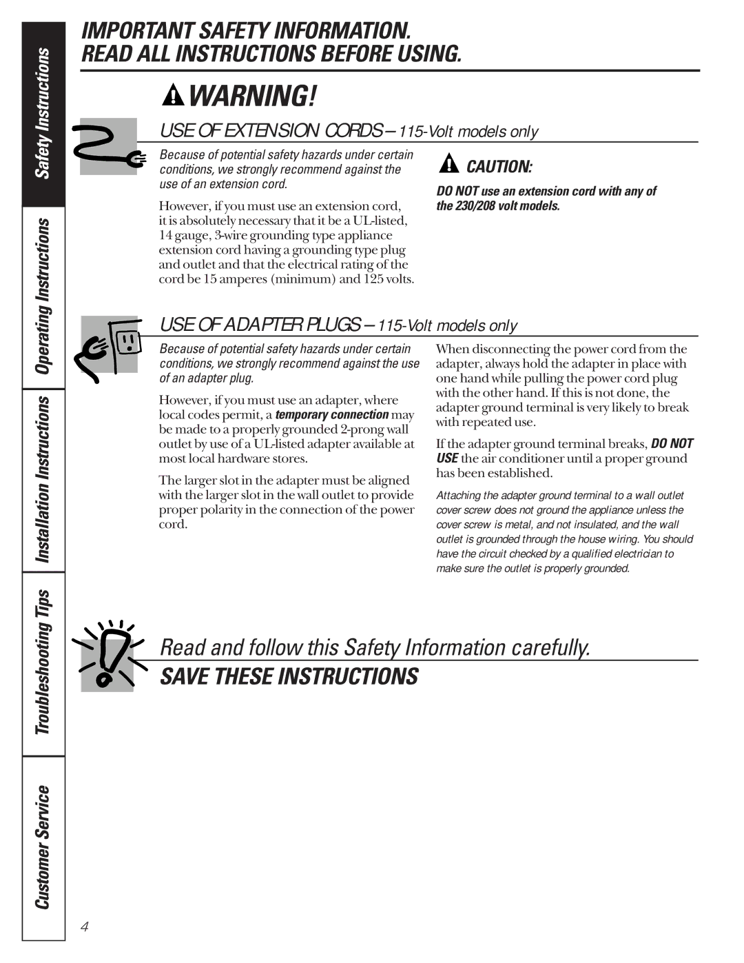 GE AG_18-18, AG_14-14 USE of Adapter Plugs -115-Volt models only, Read and follow this Safety Information carefully 