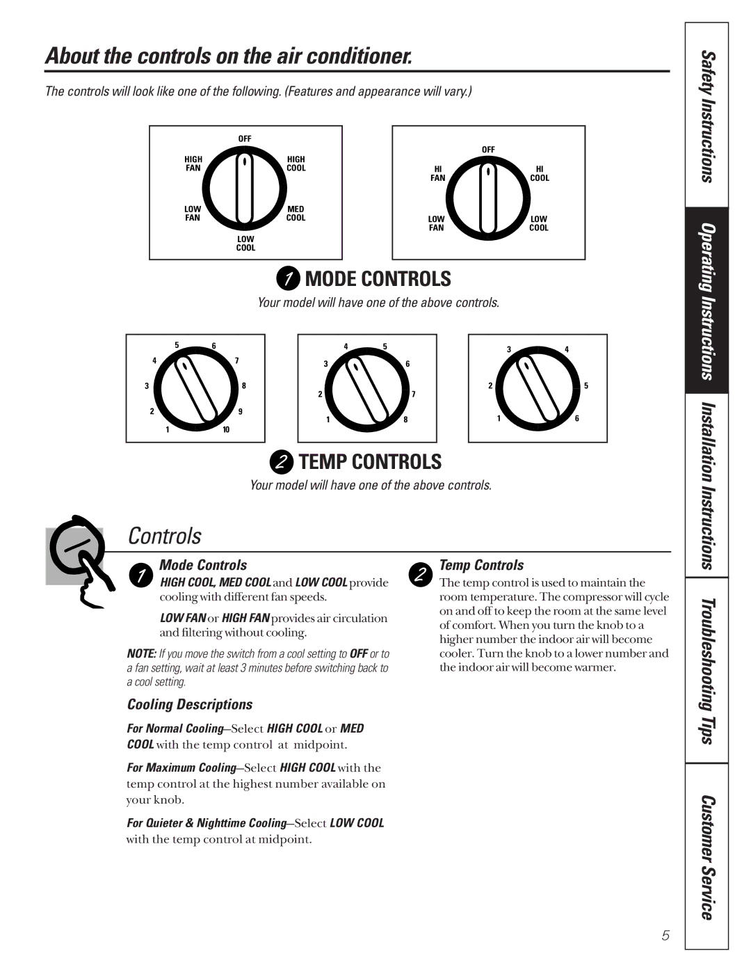 GE 000 BTU, AG_14-14 About the controls on the air conditioner, Mode Controls, Temp Controls, Cooling Descriptions 