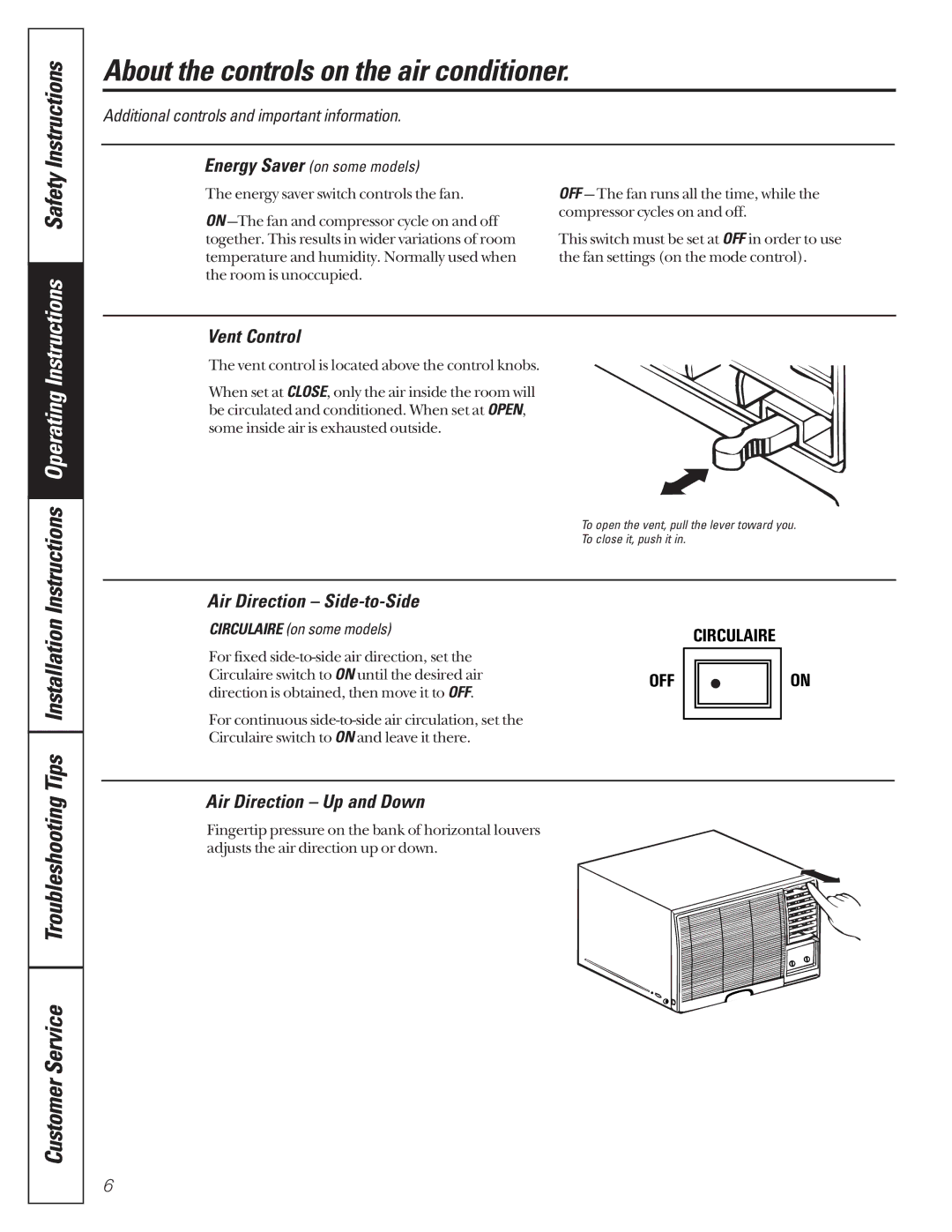 GE AG_14-14, AG_18-18 Vent Control, Air Direction Side-to-Side, Air Direction Up and Down, InstallationInstructions 