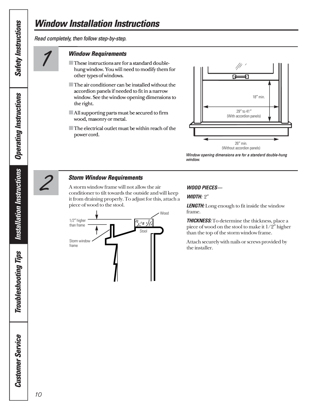 GE AG_18-18 Storm Window Requirements, Window Installation Instructions, CustomerService, WOOD PIECES WIDTH 2″ 