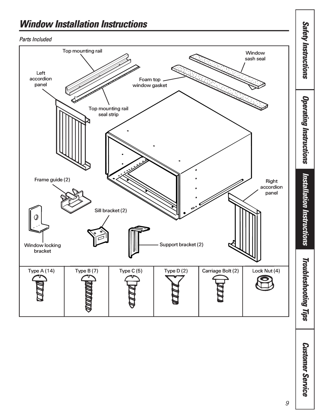 GE AG_14-14, AG_18-18, 000 BTU owner manual Window Installation Instructions, Customer Service, Parts Included 