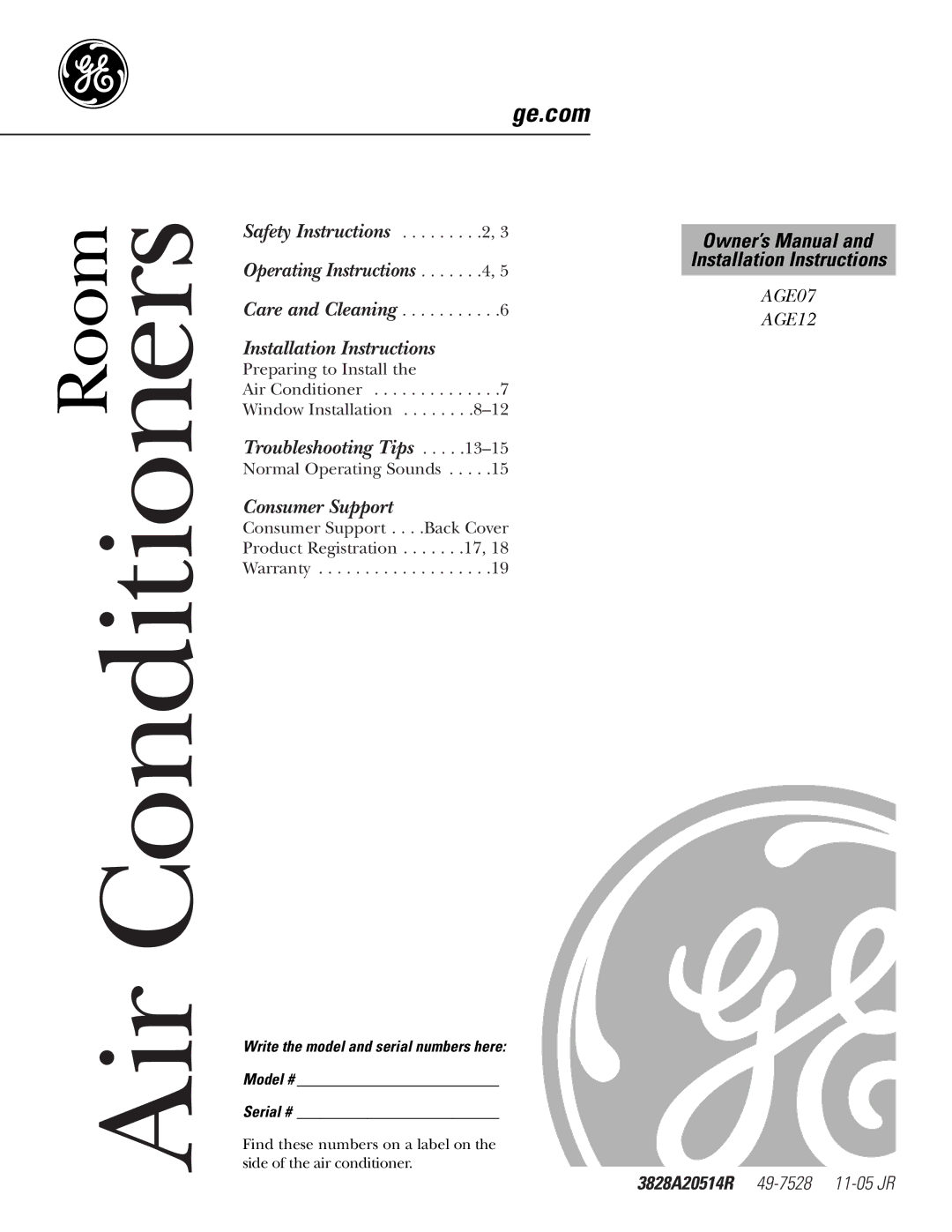 GE AGE07 installation instructions Air Conditioners 