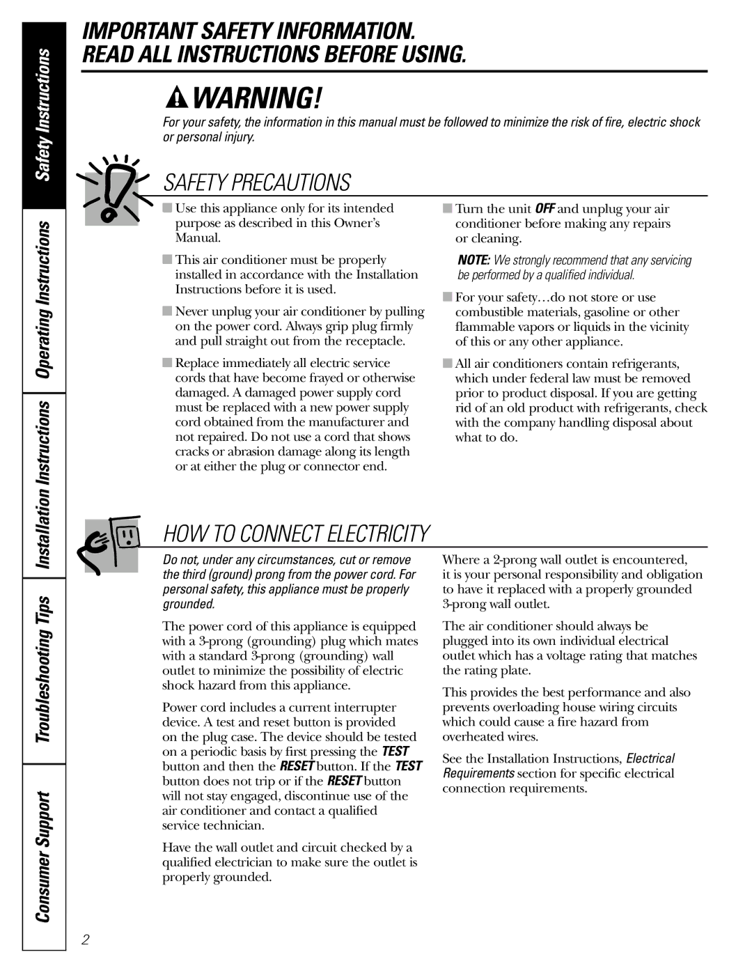 GE AGE07 installation instructions Safety Precautions, Consumer Support Troubleshooting Tips 