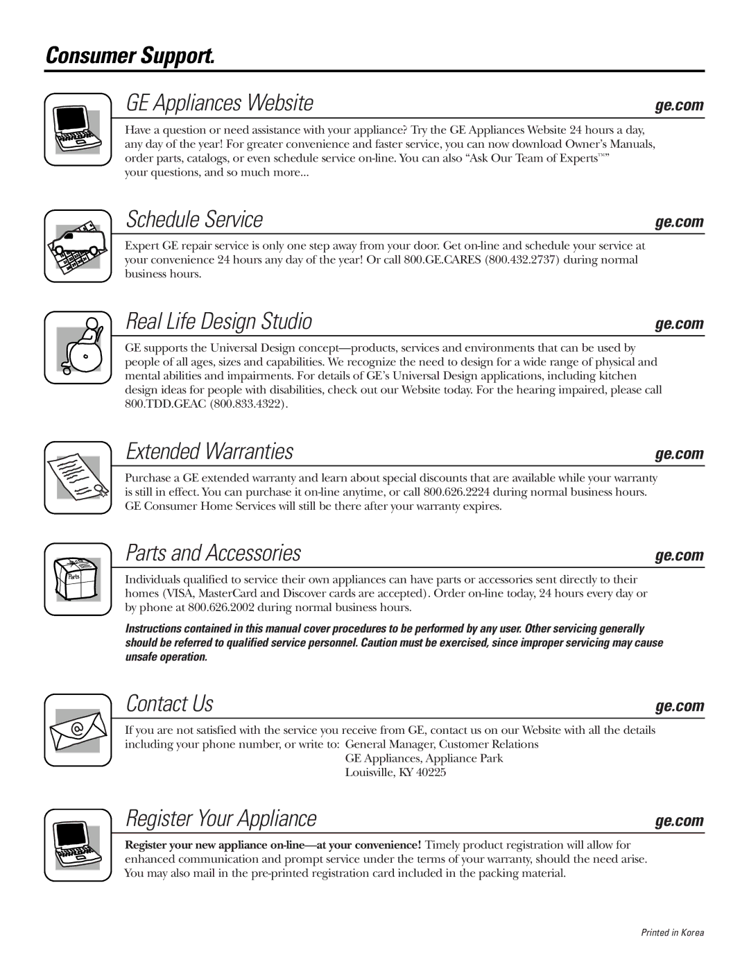 GE AGE07 Consumer Support GE Appliances Website, Schedule Service, Real Life Design Studio, Extended Warranties 