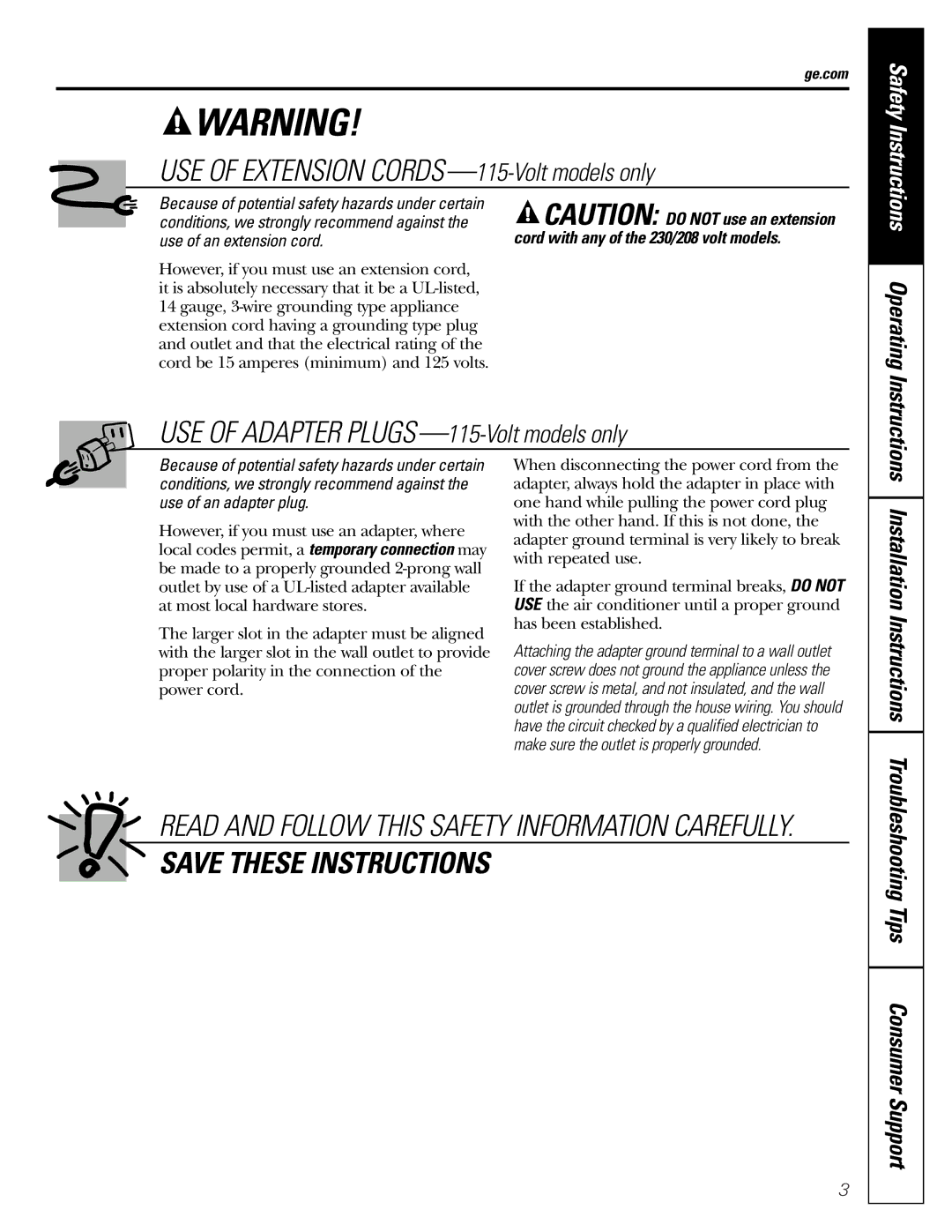 GE AGE07 installation instructions Operating, Installation Instructions 