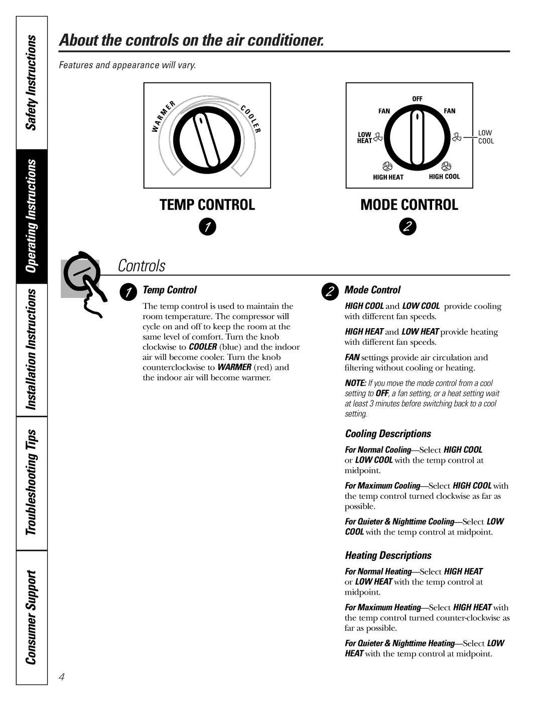 GE AGE07 installation instructions Temp Control, Mode Control, Cooling Descriptions, Heating Descriptions 