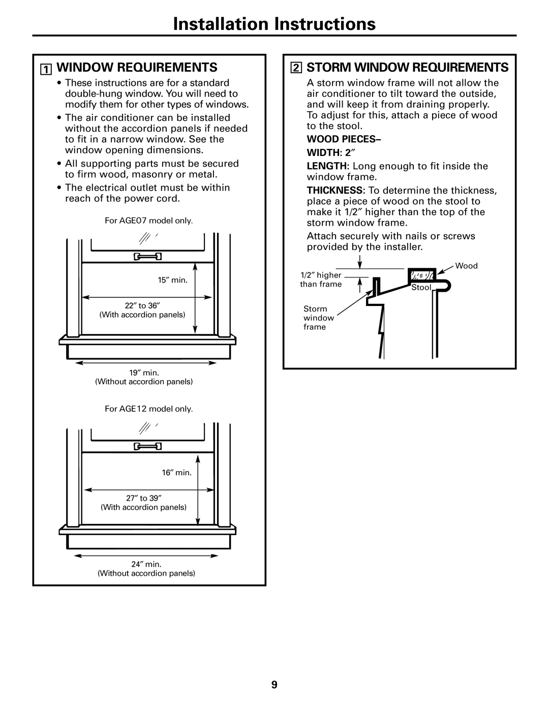 GE AGE07 installation instructions Storm Window Requirements 