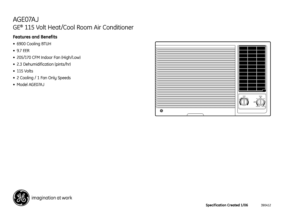 GE AGE07AJ GE 115 Volt Heat/Cool Room Air Conditioner, Features and Benefits, Cooling BTUH 9.7 EER, 390412, Tempmode 