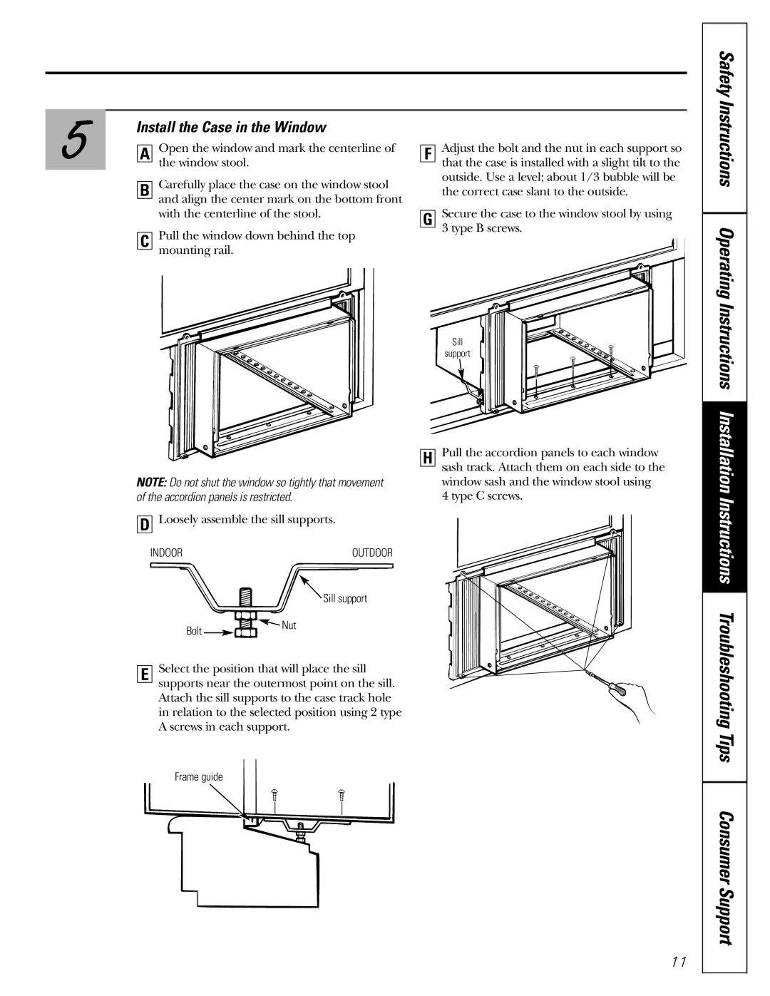 GE AGE12 operating instructions Safety Instructions, Install the Case in the Window 