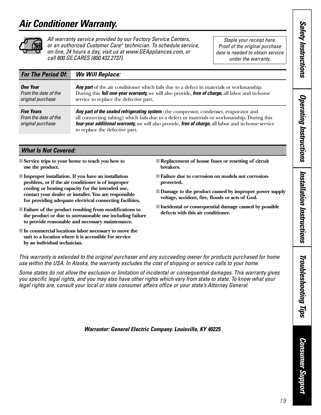 GE AGE12 operating instructions Air Conditioner Warranty, Installation Instructions, We Will Replace, What Is Not Covered 