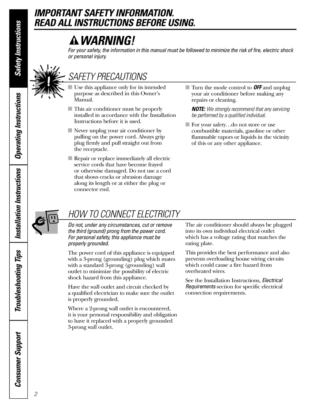 GE AGE12 operating instructions Safety Precautions, Instructions Operating Instructions 