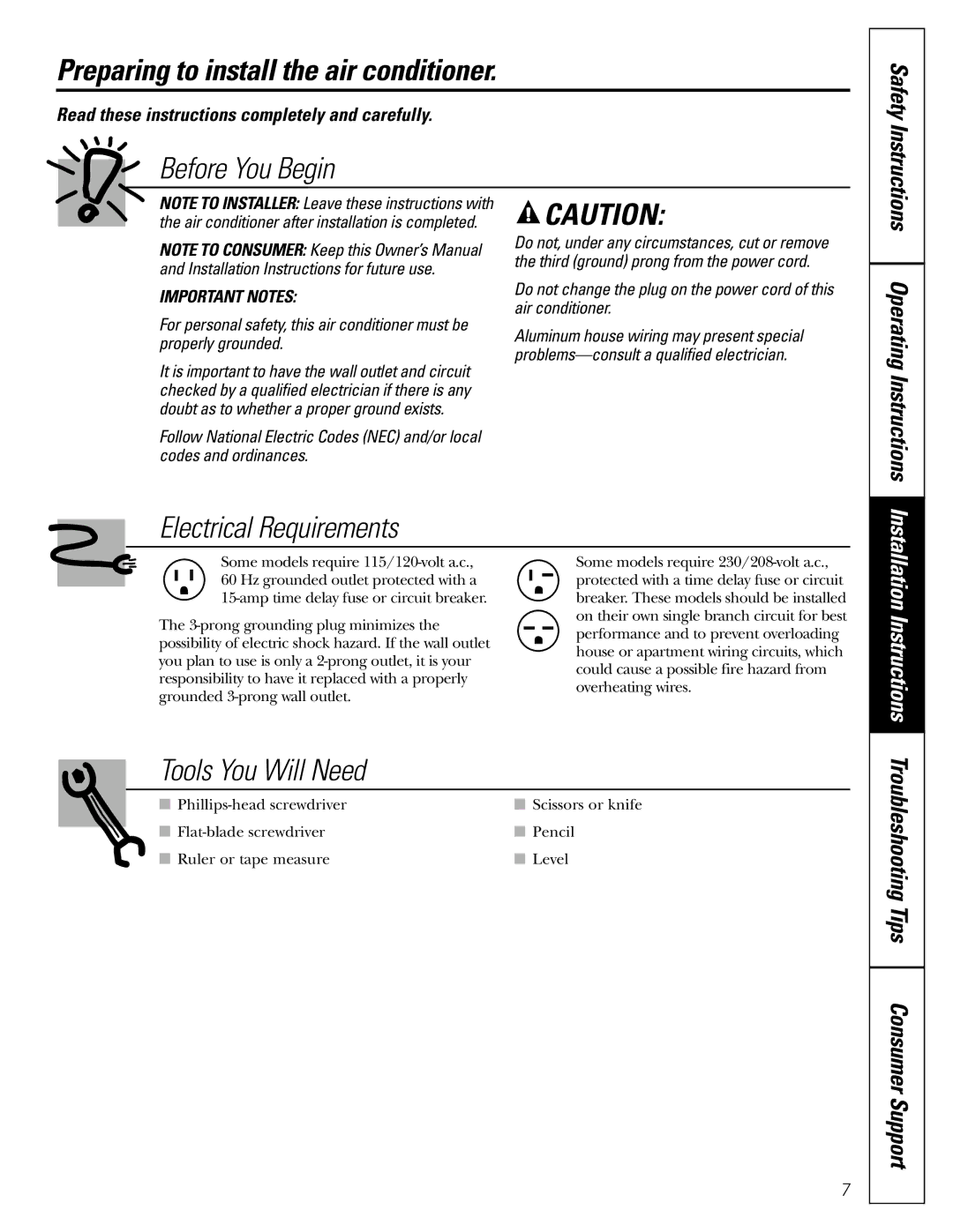 GE AGE12 operating instructions Preparing to install the air conditioner, Safety Instructions Operating Instructions 