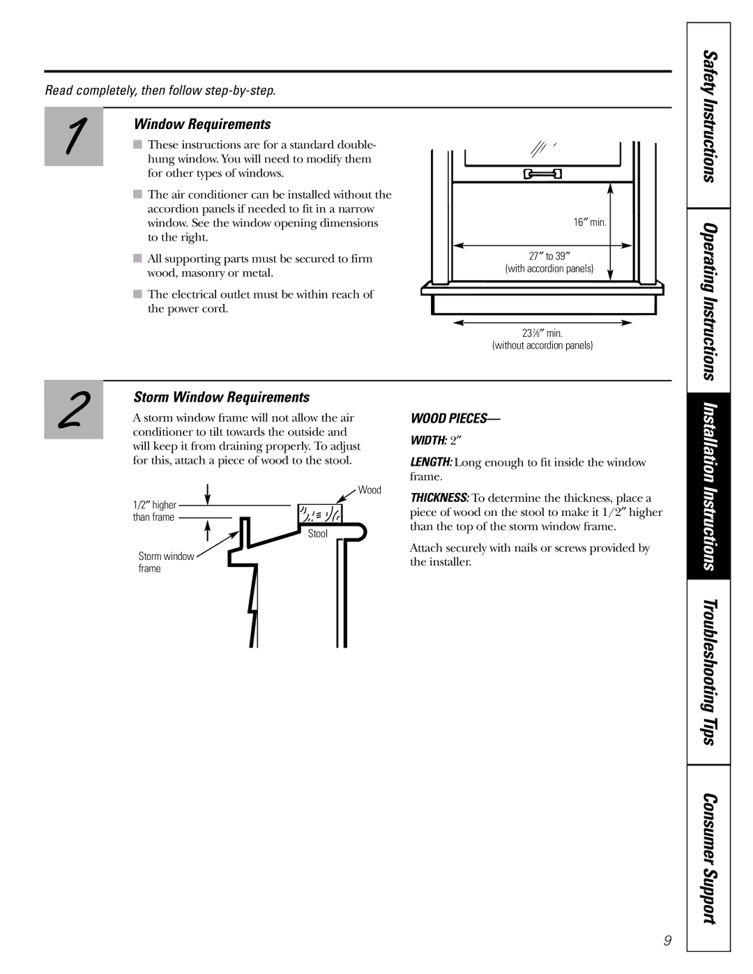 GE AGE12 operating instructions Safety, Storm Window Requirements 