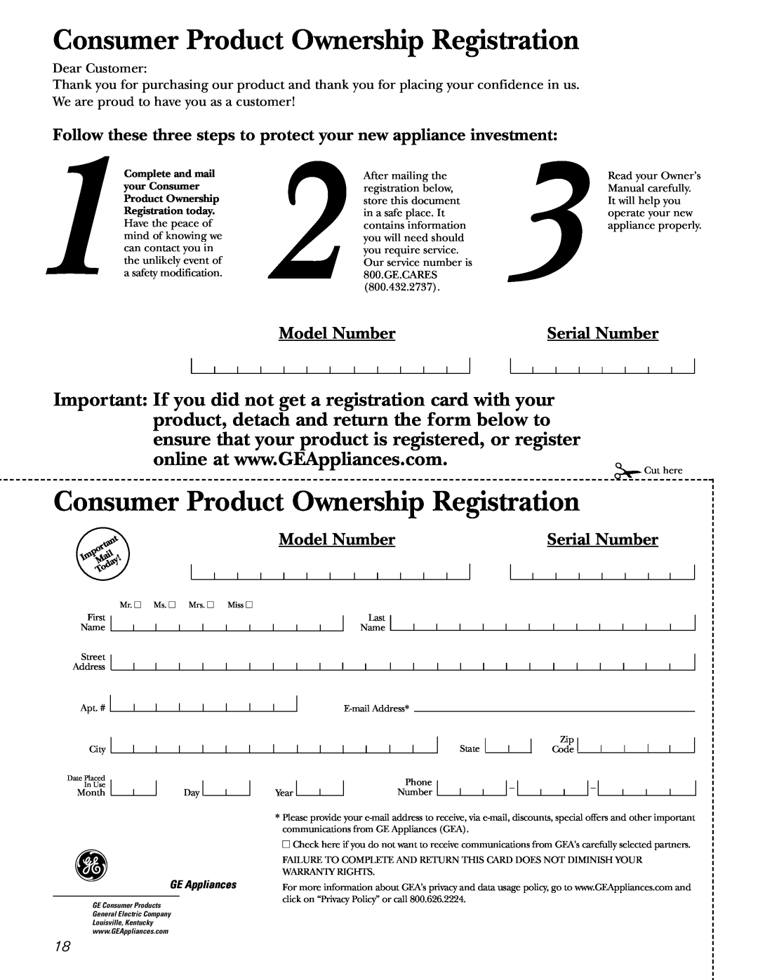 GE AGE12 Model Number, Serial Number, Consumer Product Ownership Registration, Complete and mail, your Consumer 
