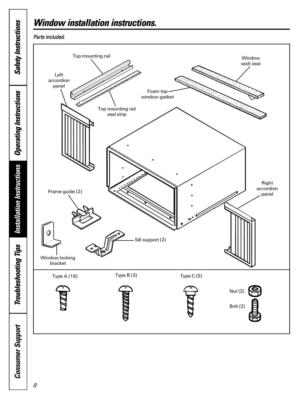 GE AGE12 operating instructions Window installation instructions, Parts included 