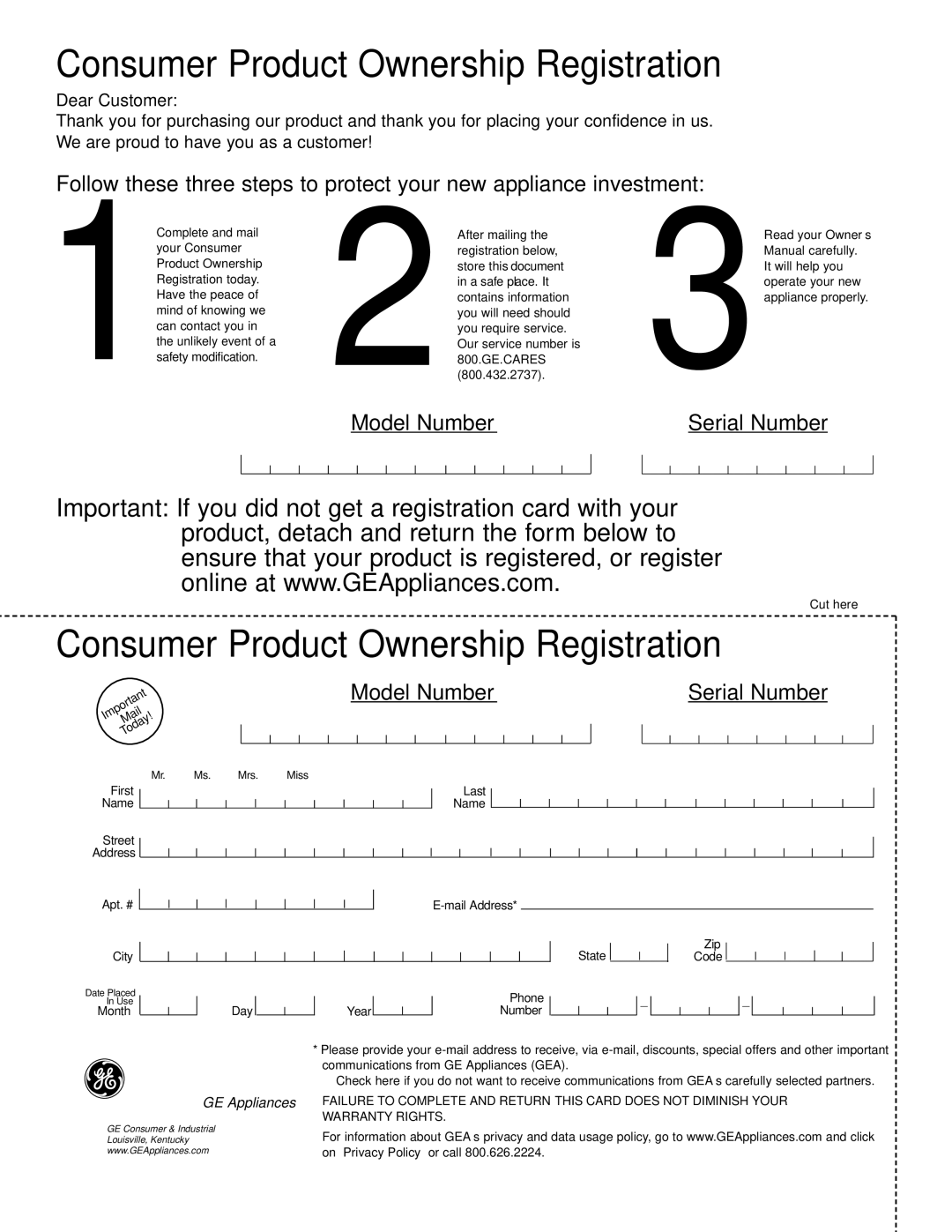 GE AGE21, AGE14, AGE18 installation instructions Consumer Product Ownership Registration 