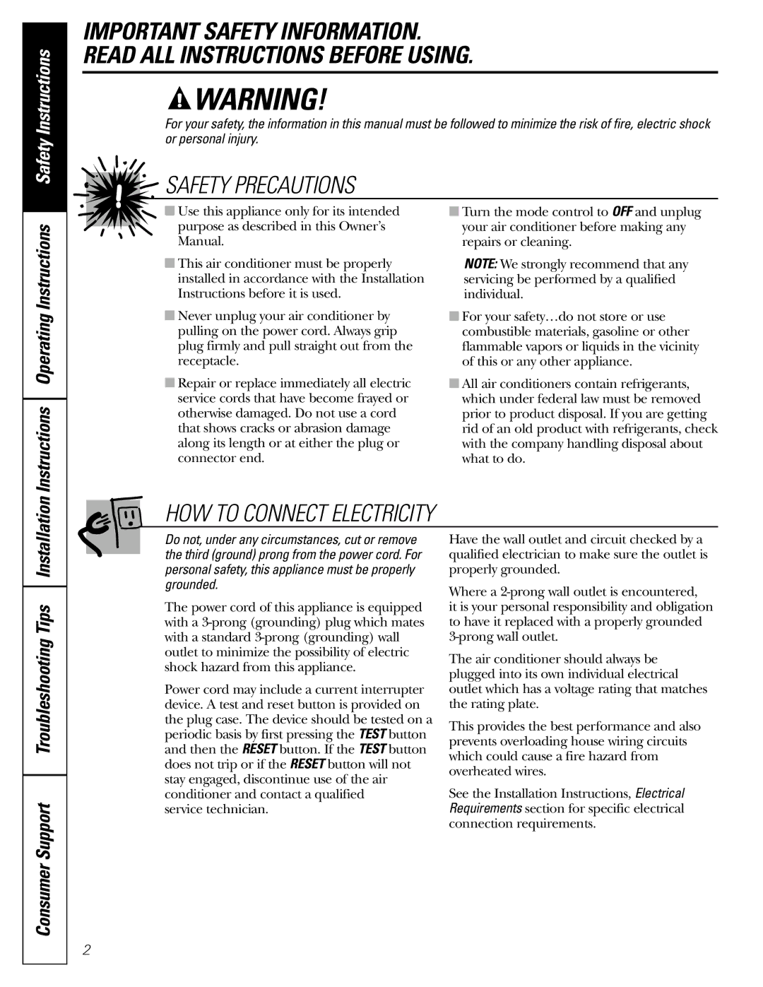 GE AGE18, AGE21, AGE14 installation instructions Safety Precautions 