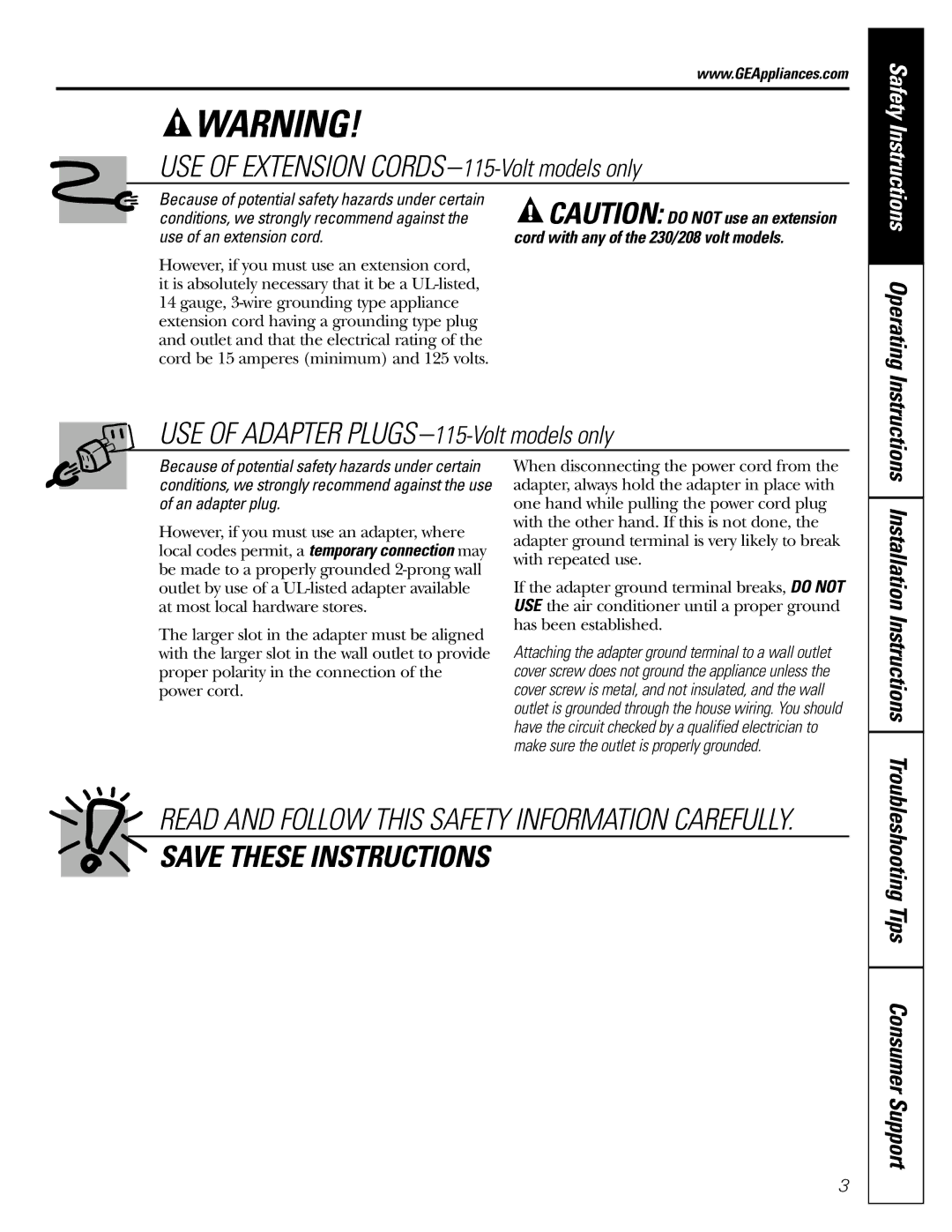 GE AGE21, AGE14, AGE18 installation instructions USE of Extension CORDS-115-Volt models only 