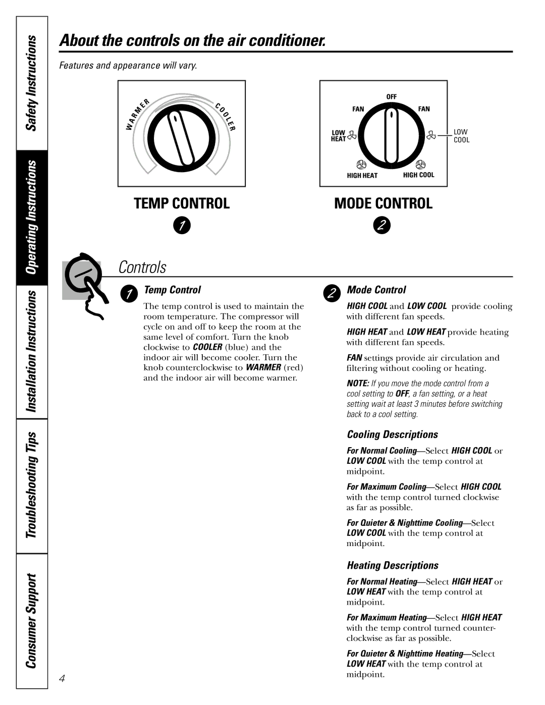 GE AGE14 About the controls on the air conditioner, Temp Control, Mode Control, Cooling Descriptions, Heating Descriptions 