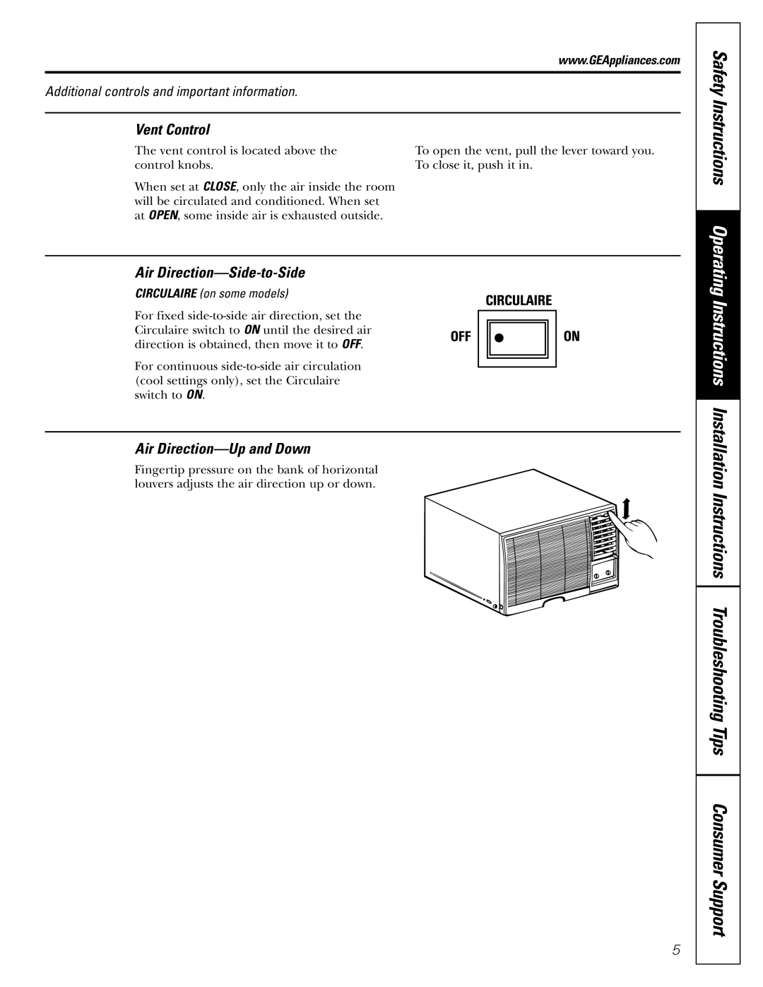 GE AGE18, AGE21, AGE14 installation instructions Vent Control, Air Direction-Side-to-Side, Air Direction-Up and Down 