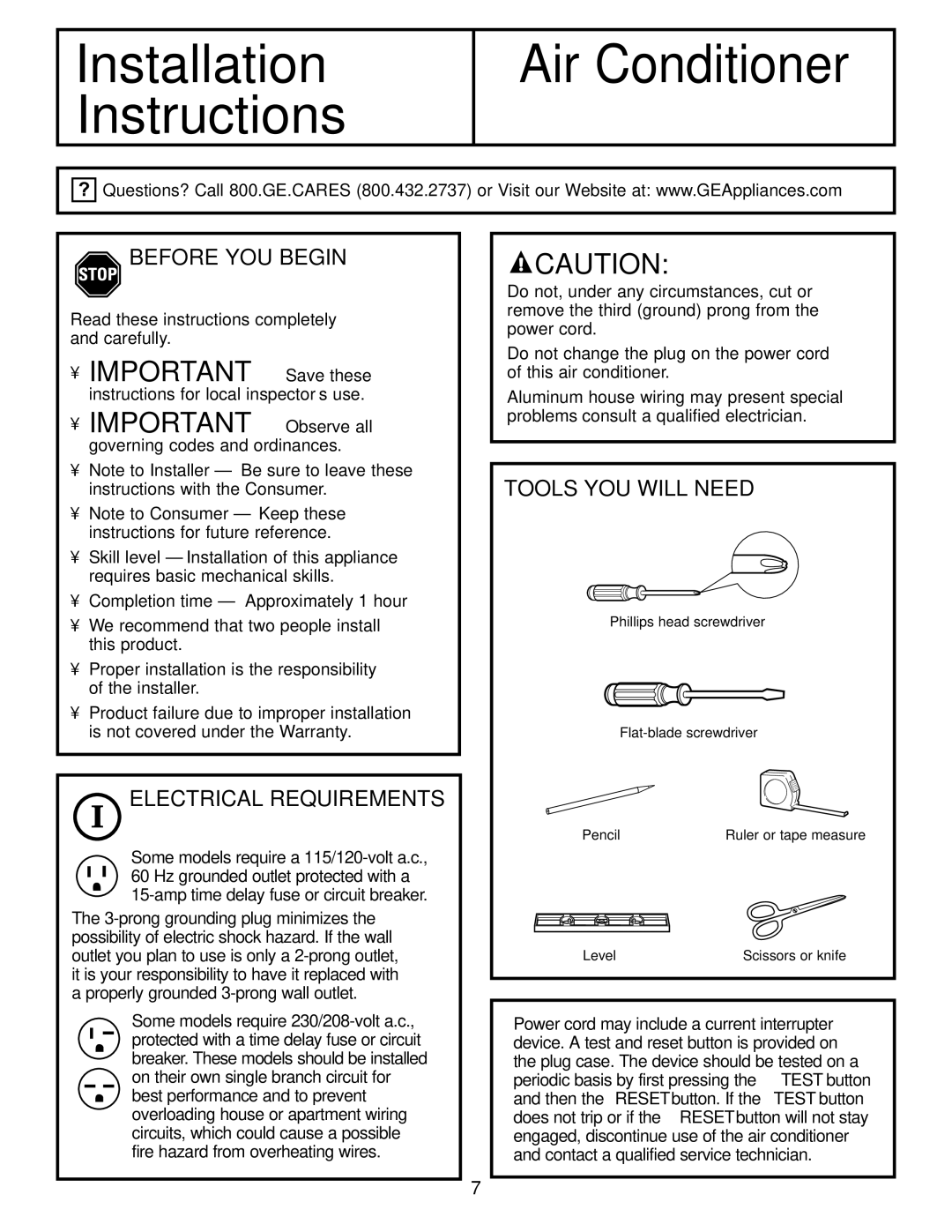 GE AGE14, AGE21, AGE18 installation instructions Before YOU Begin, Electrical Requirements, Tools YOU will Need 