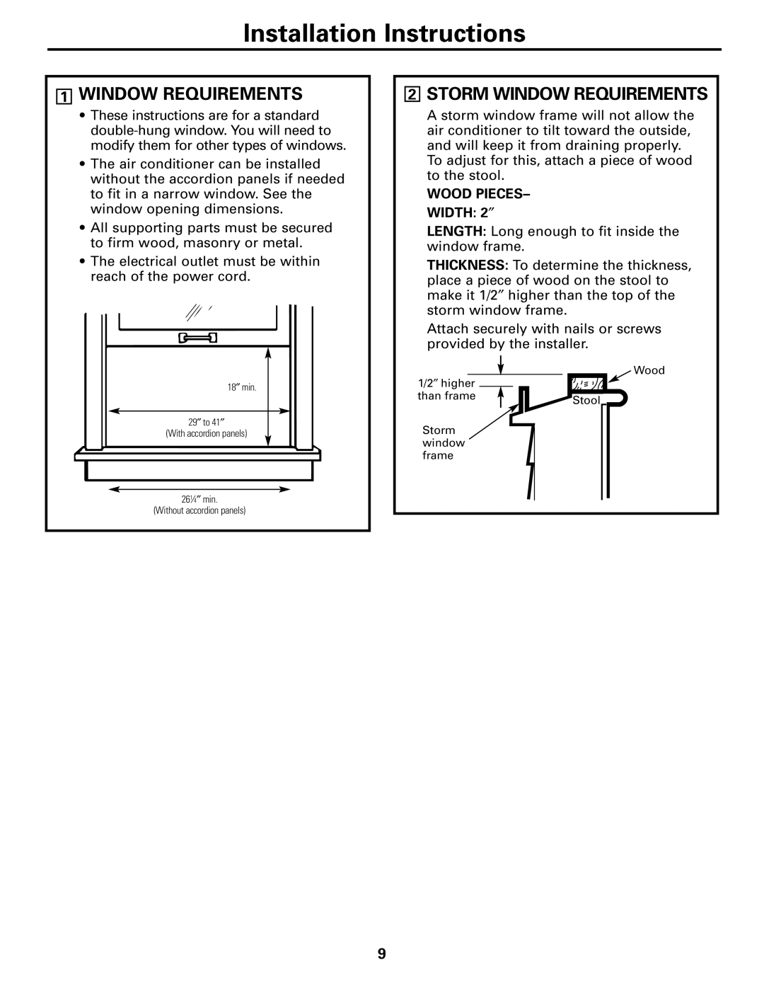 GE AGE21, AGE14, AGE18 installation instructions Storm Window Requirements 