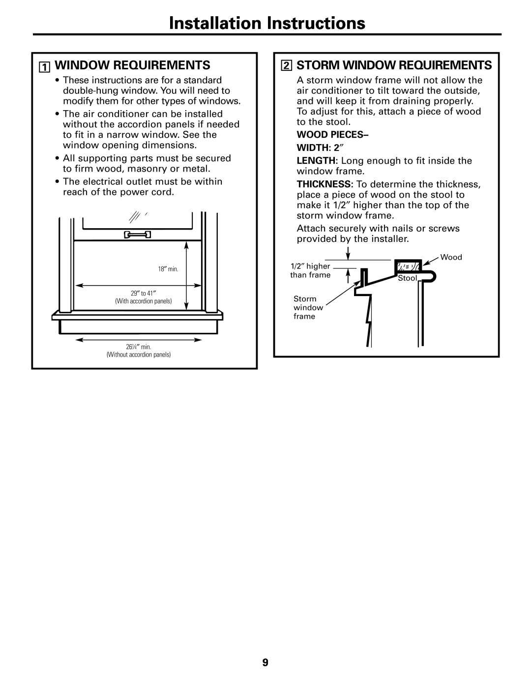 GE AGE21, AGE14, AGE18 1WINDOW REQUIREMENTS, 2STORM WINDOW REQUIREMENTS, Installation Instructions, WOOD PIECES- WIDTH 2″ 