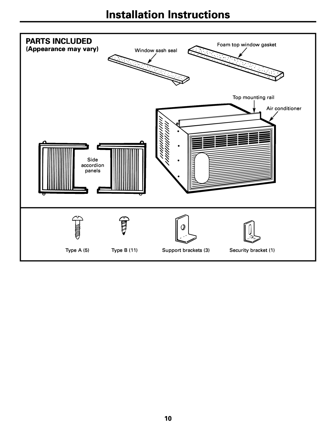 GE AGF05 operating instructions Installation Instructions, Parts Included, Appearance may vary 