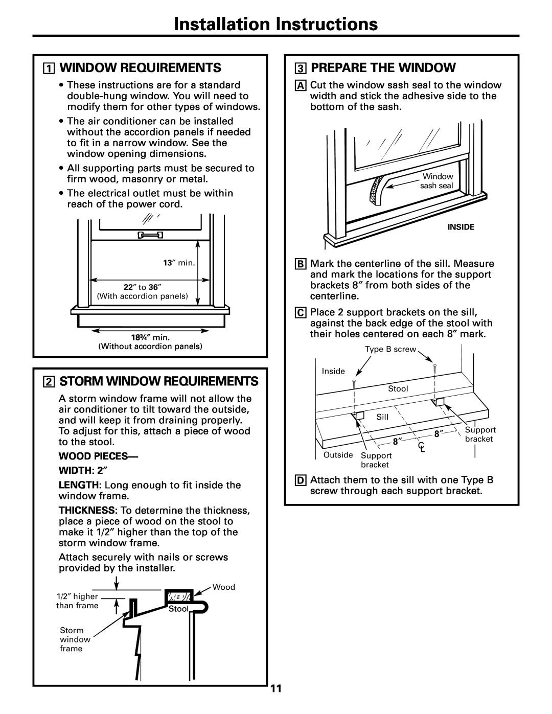 GE AGF05 1WINDOW REQUIREMENTS, 2STORM WINDOW REQUIREMENTS, 3PREPARE THE WINDOW, Installation Instructions 