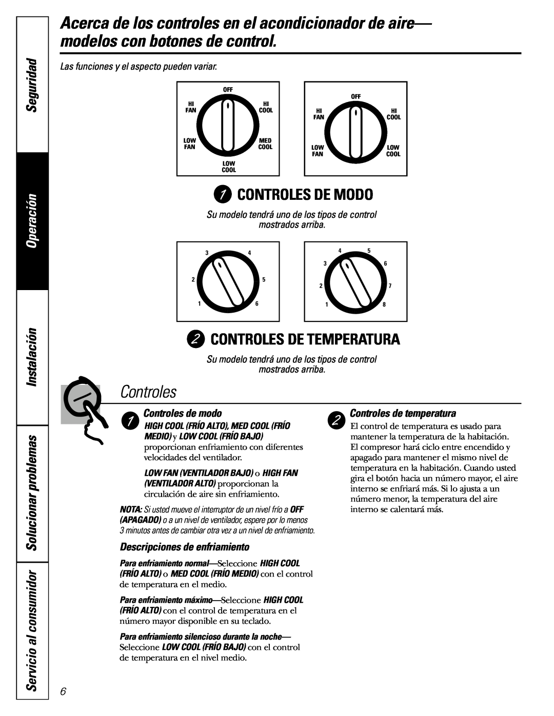 GE AGF05 Controles De Modo, Controles De Temperatura, Solucionar problemas, Servicio al consumidor, Controles de modo 