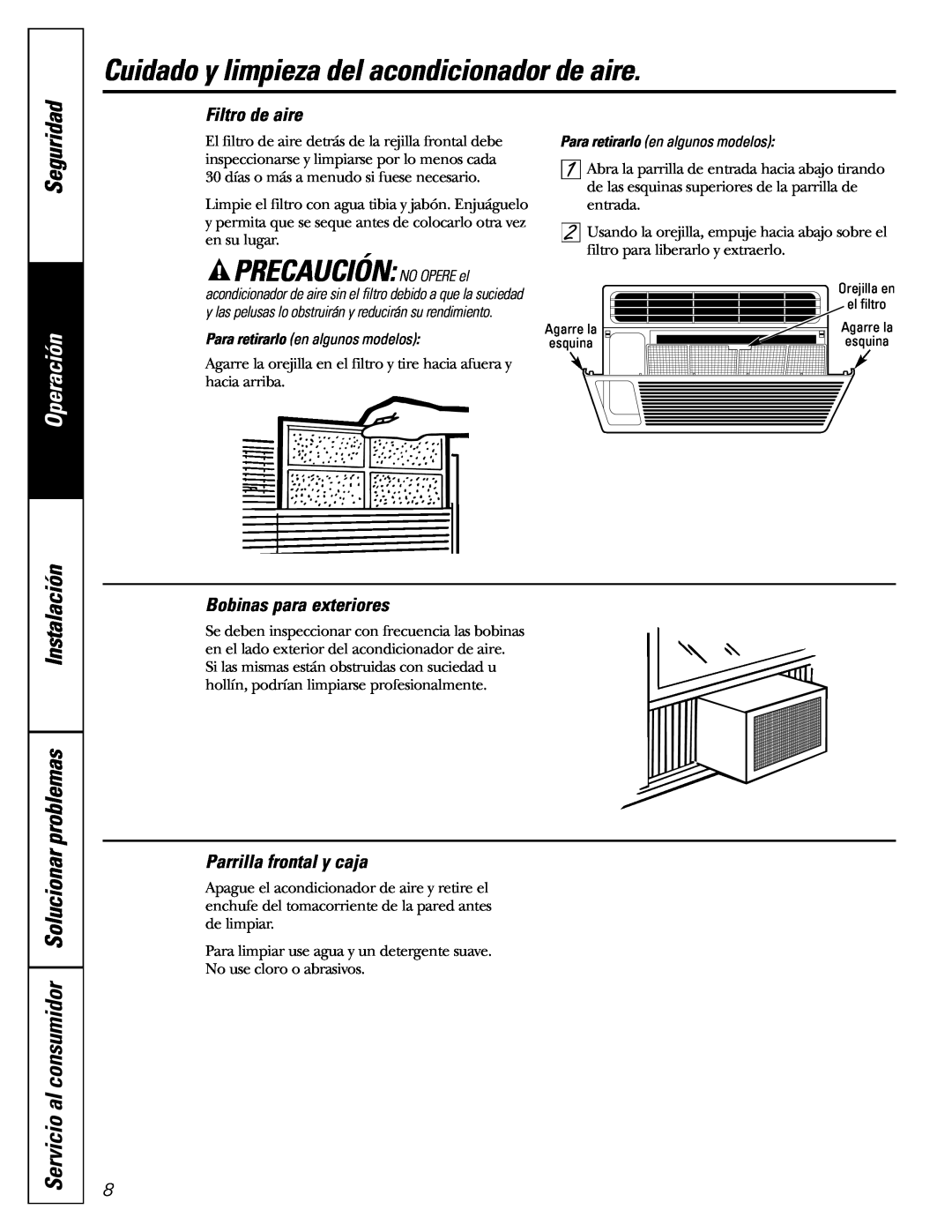 GE AGF05 Cuidado y limpieza del acondicionador de aire, PRECAUCIÓN NO OPERE el, Seguridad, Filtro de aire, Operación 