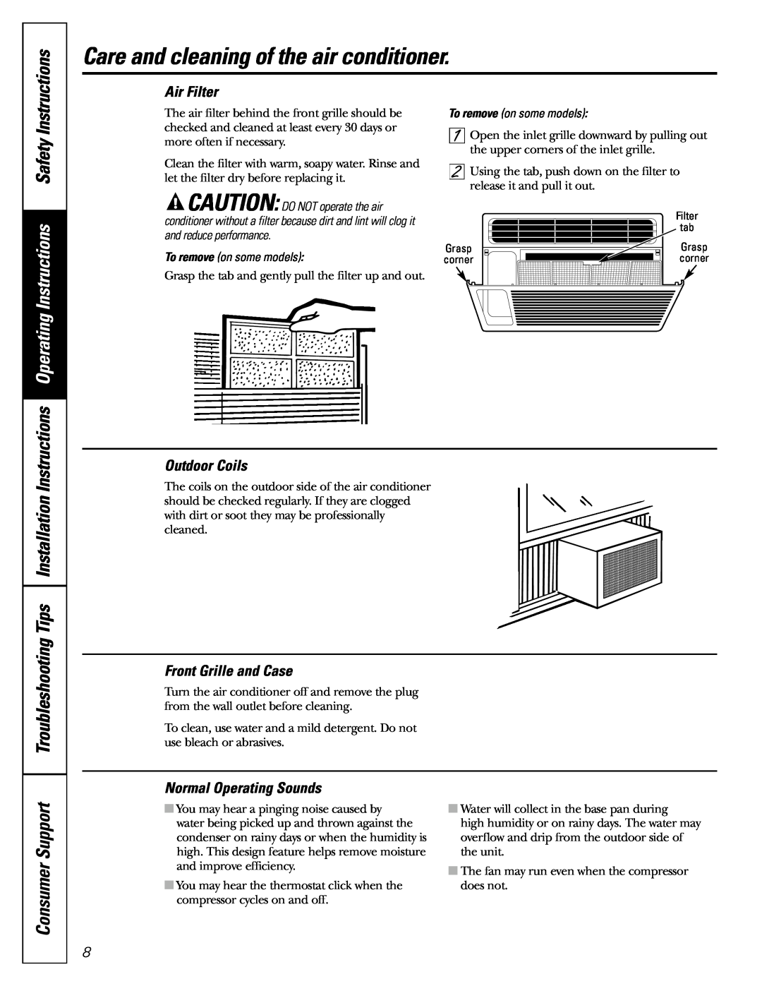 GE AGF05 Care and cleaning of the air conditioner, Air Filter, Normal Operating Sounds, Consumer Support 