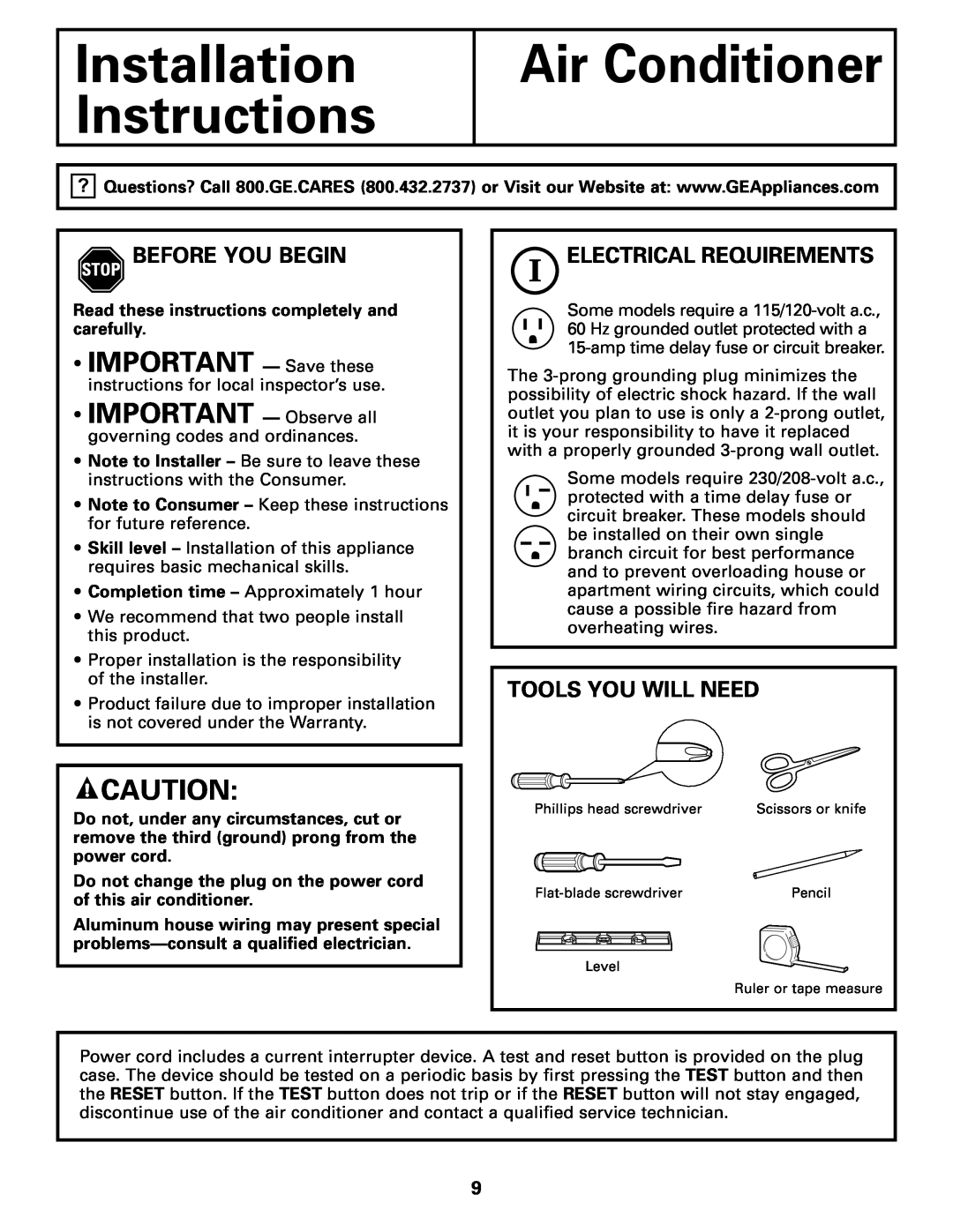 GE AGF05 Installation Instructions, Air Conditioner, IMPORTANT - Save these, Before You Begin, Electrical Requirements 