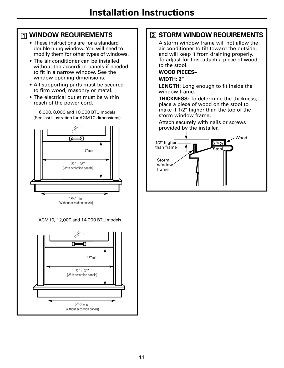 GE AGF08, AGF06, AGF14, AGF12, AGF10 installation instructions Storm Window Requirements 