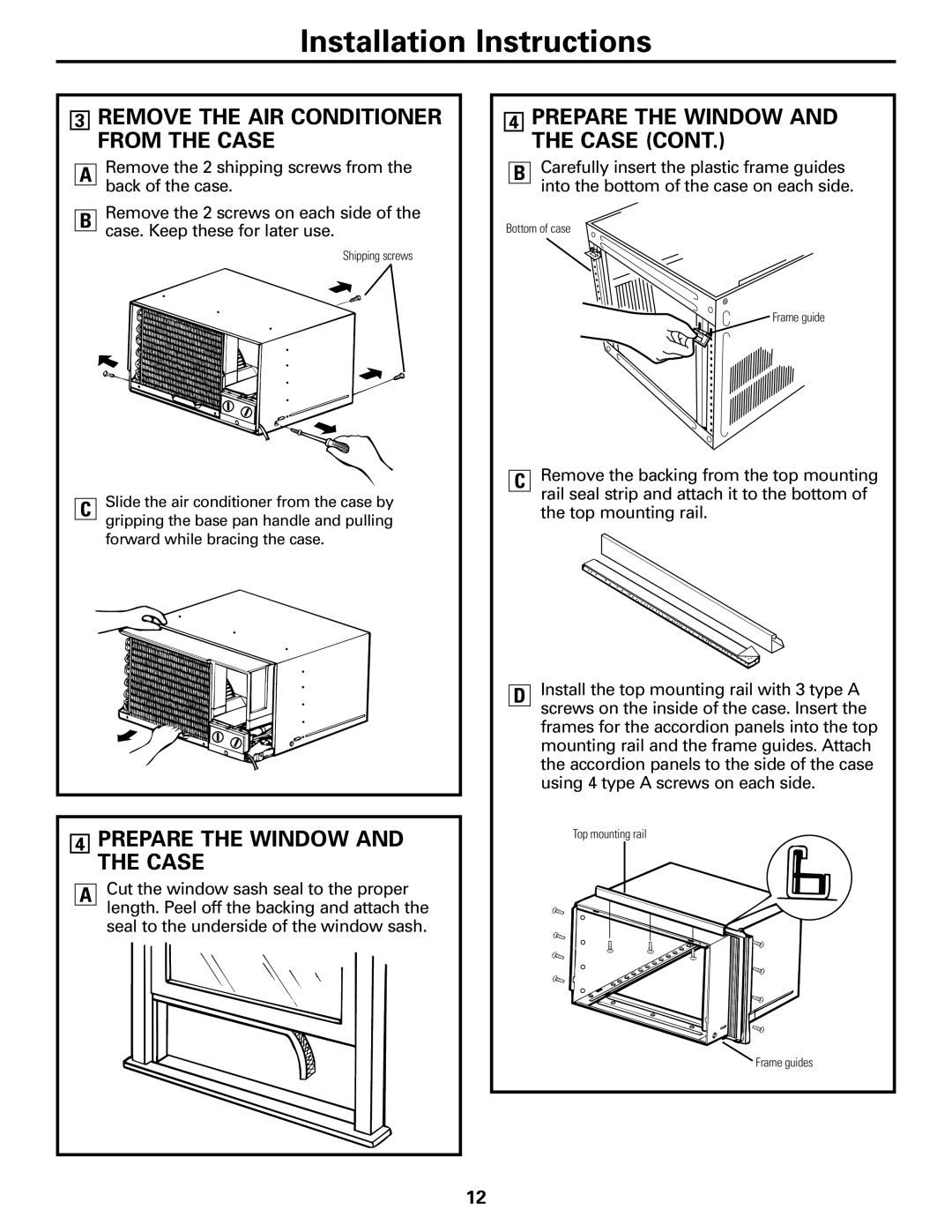 GE AGF14, AGF06, AGF08, AGF12, AGF10 Remove the AIR Conditioner from the Case, Prepare the Window and the Case 