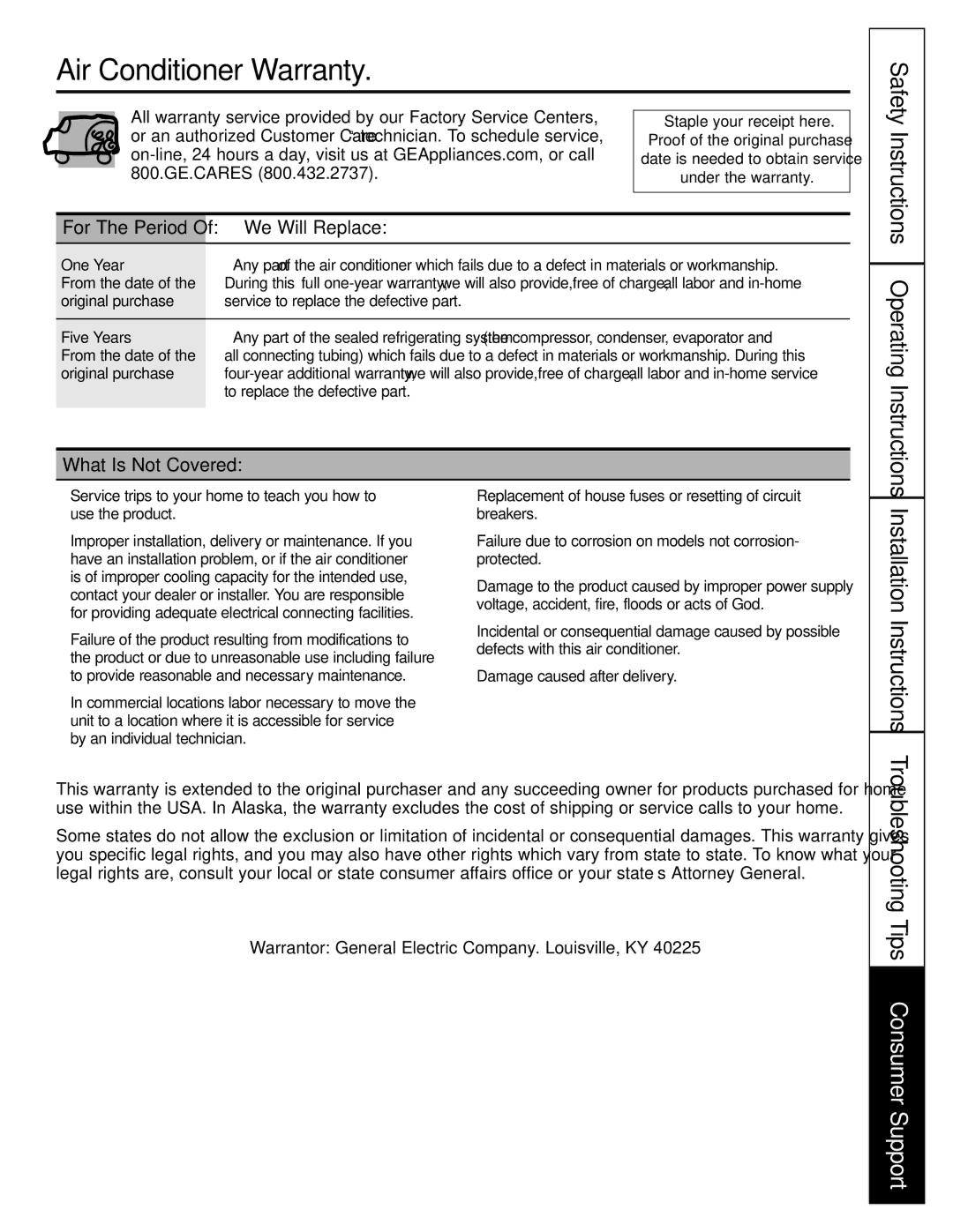 GE AGF10, AGF06, AGF08, AGF14 Air Conditioner Warranty, Installation Instructions, We Will Replace, What Is Not Covered 