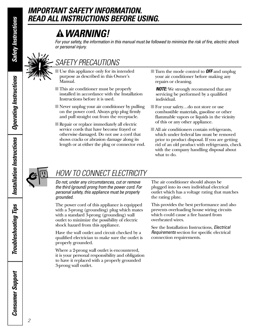 GE AGF14, AGF06, AGF08, AGF12, AGF10 installation instructions Safety Precautions 