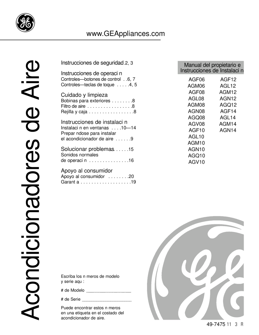 GE AGF08, AGF06, AGF14, AGF12, AGF10 installation instructions Acondicionadores de Aire 