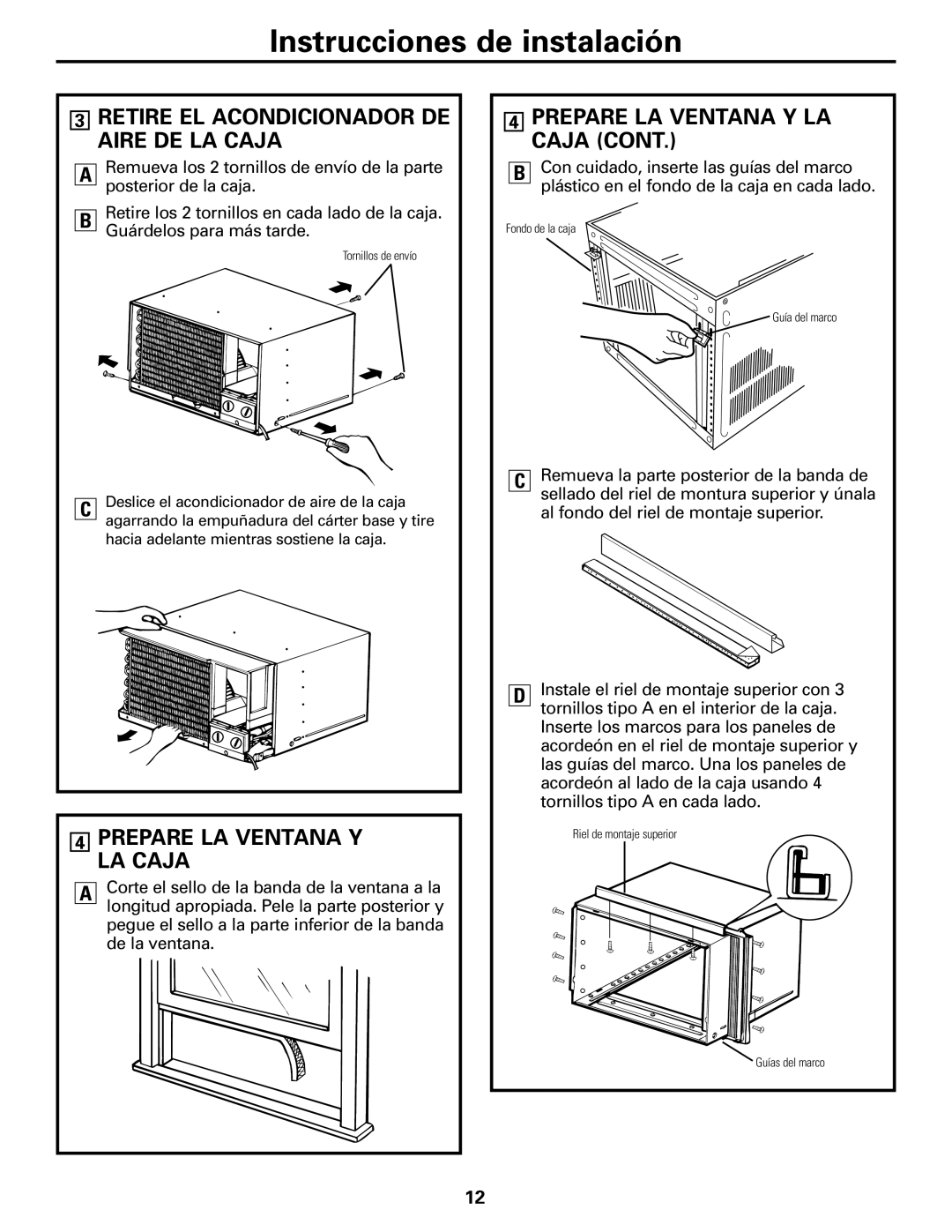 GE AGF14, AGF06, AGF08, AGF12, AGF10 Retire EL Acondicionador DE Aire DE LA Caja, Prepare LA Ventana Y LA Caja 