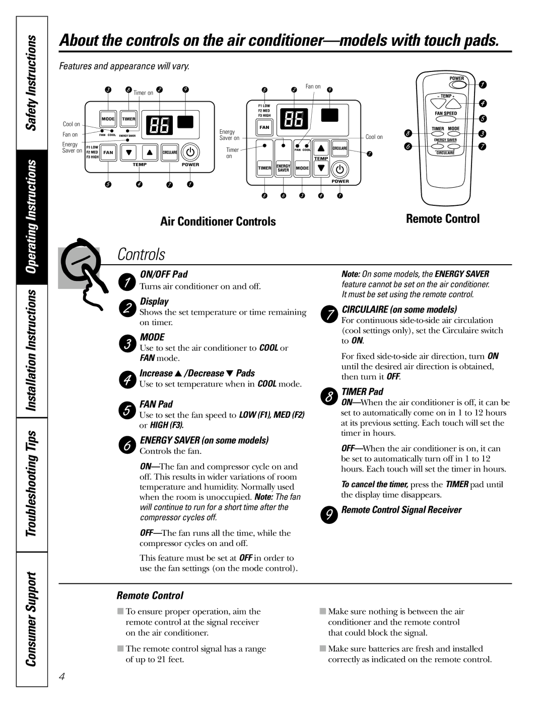 GE AGF10, AGF06, AGF08, AGF14, AGF12 installation instructions Consumer Support, Remote Control 