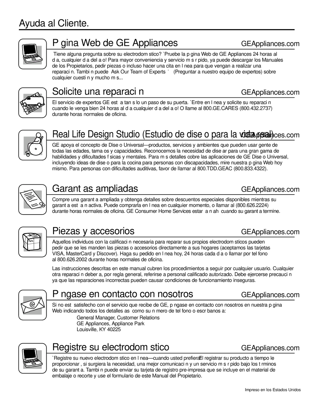 GE AGF06 Ayuda al Cliente Página Web de GE Appliances, Solicite una reparación, Garantías ampliadas, Piezas y accesorios 