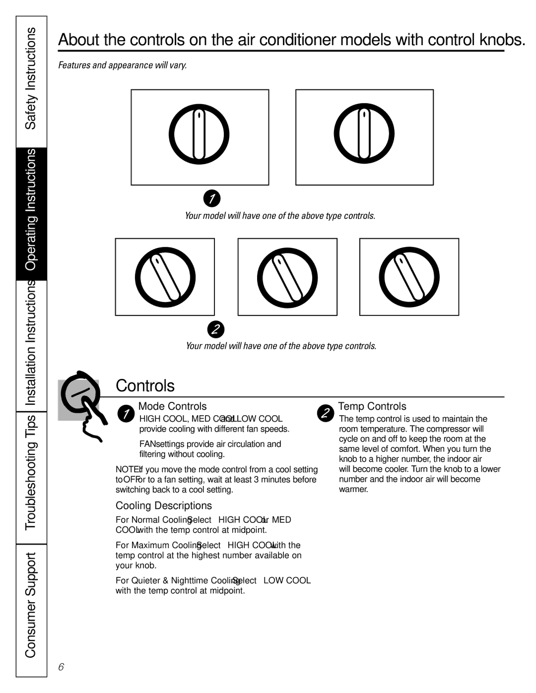 GE AGF08, AGF06, AGF14, AGF12, AGF10 Instructions, Installation, Mode Controls, Temp Controls, Cooling Descriptions 