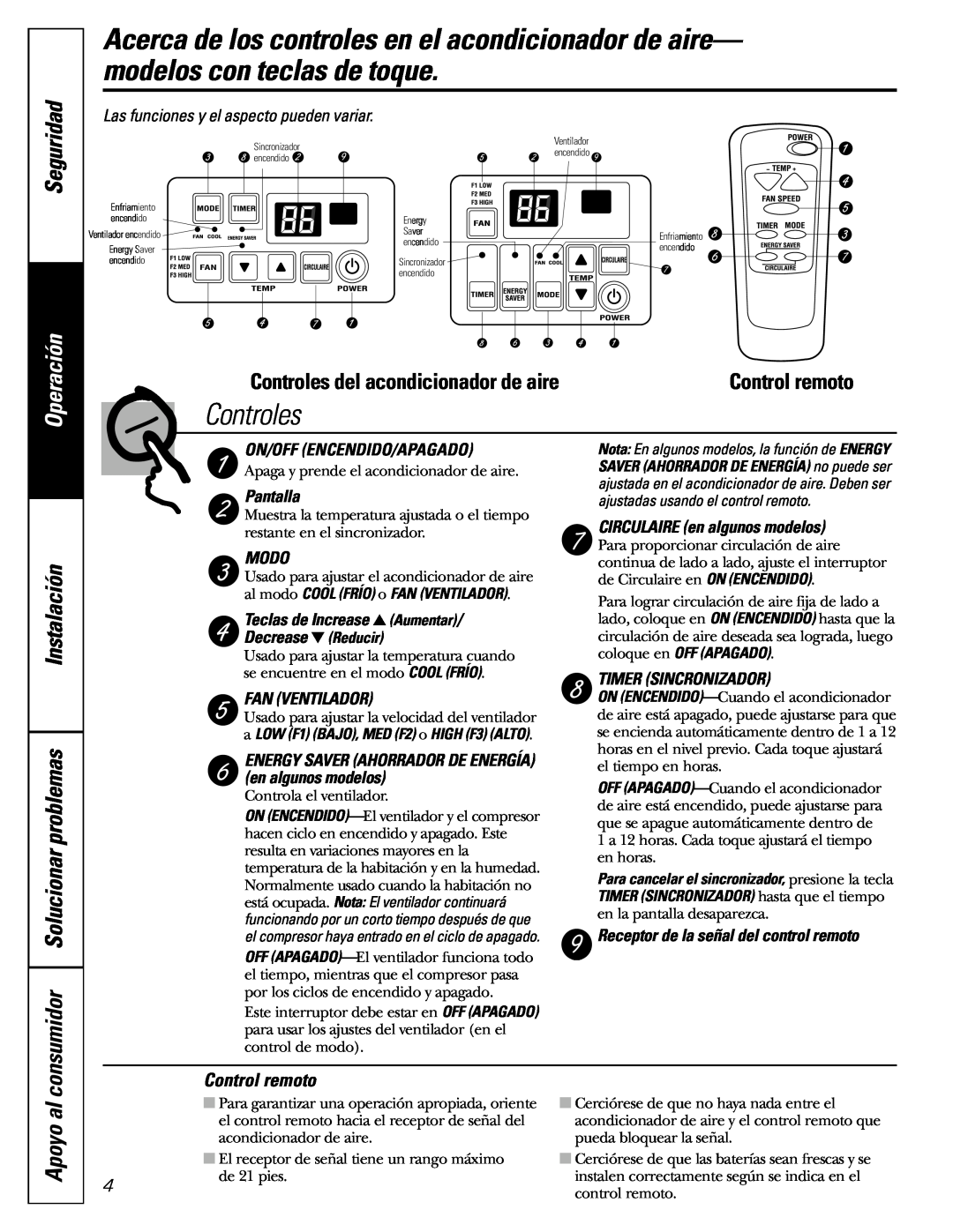 GE AGF10 Seguridad, Operación, Instalación consumidor Solucionar problemas, Apoyo al, Controles del acondicionador de aire 