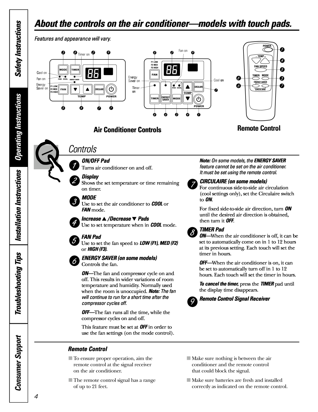 GE AGF10 Consumer Support, Air Conditioner Controls, Remote Control, ON/OFF Pad, Display, Mode, Increase /Decrease Pads 