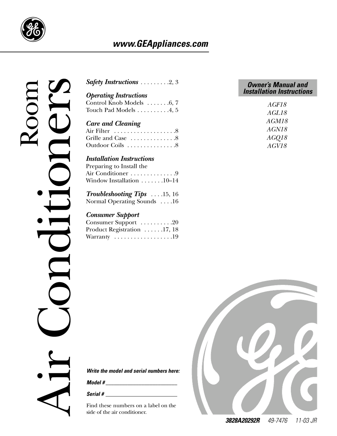 GE AGF18 operating instructions Air Conditioners, Write the model and serial numbers here Model # Serial # 