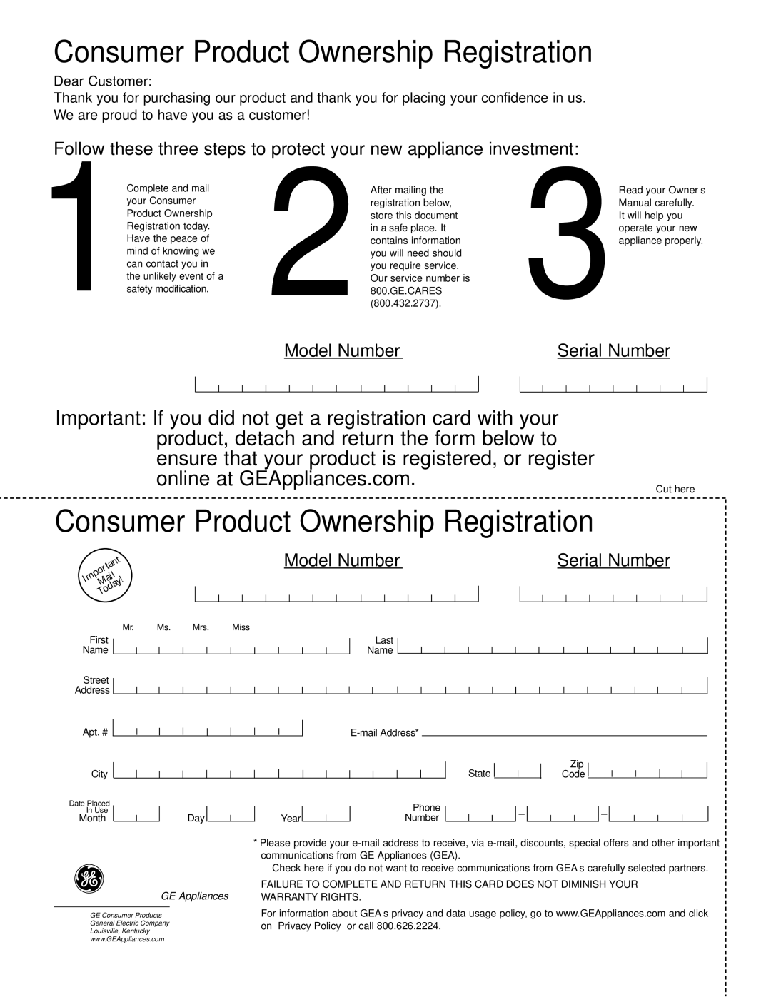 GE AGF18 operating instructions Consumer Product Ownership Registration 